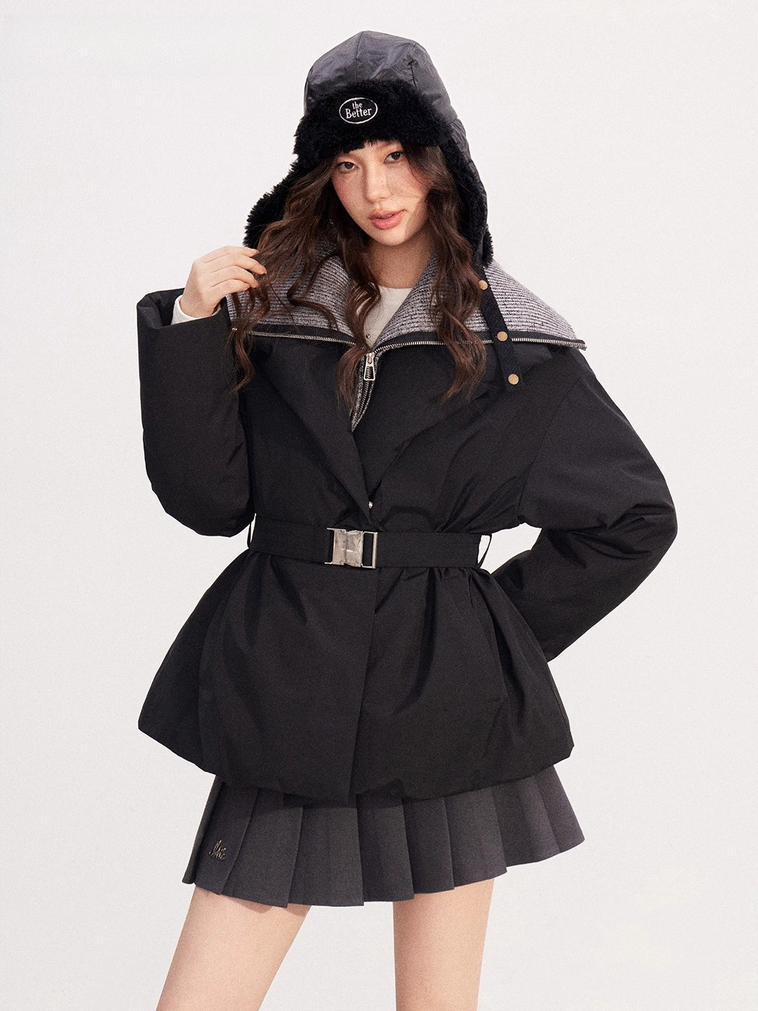 Belted Contrast-Knit Collar Down Coat