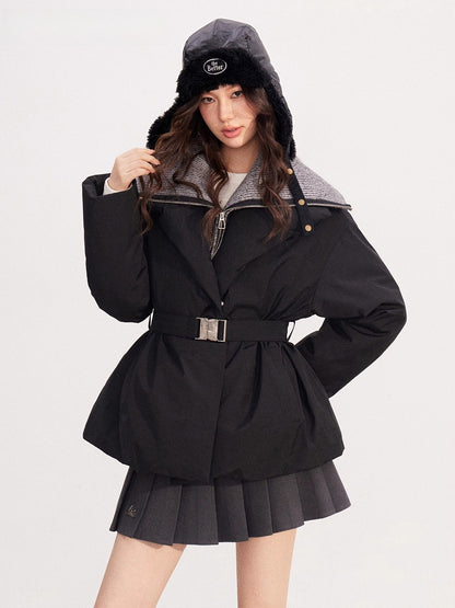 Belted Contrast-Knit Collar Down Coat