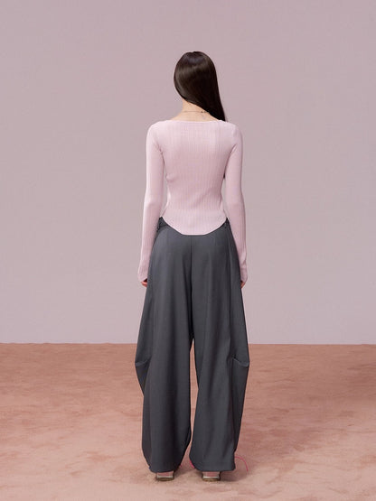 Ribbed Button Waist Knit T-shirt