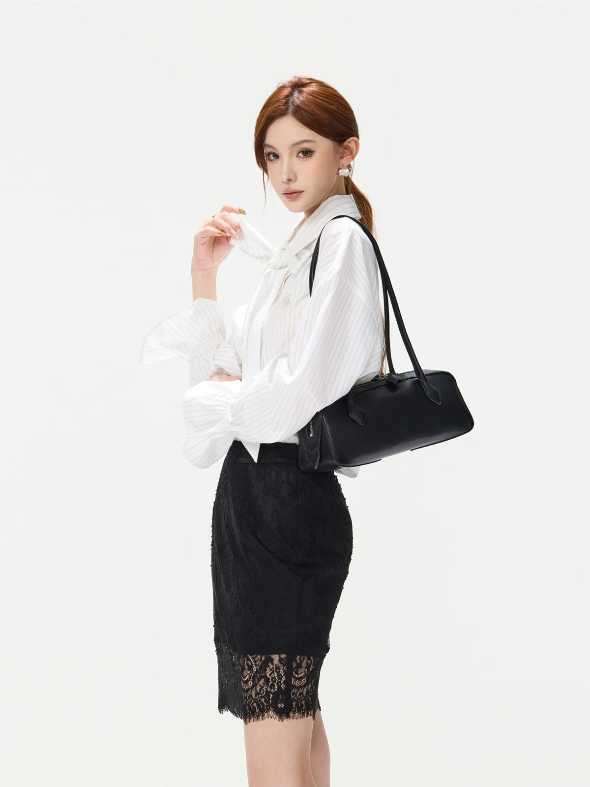Striped Bow Shirt &amp; Slit Skirt Set