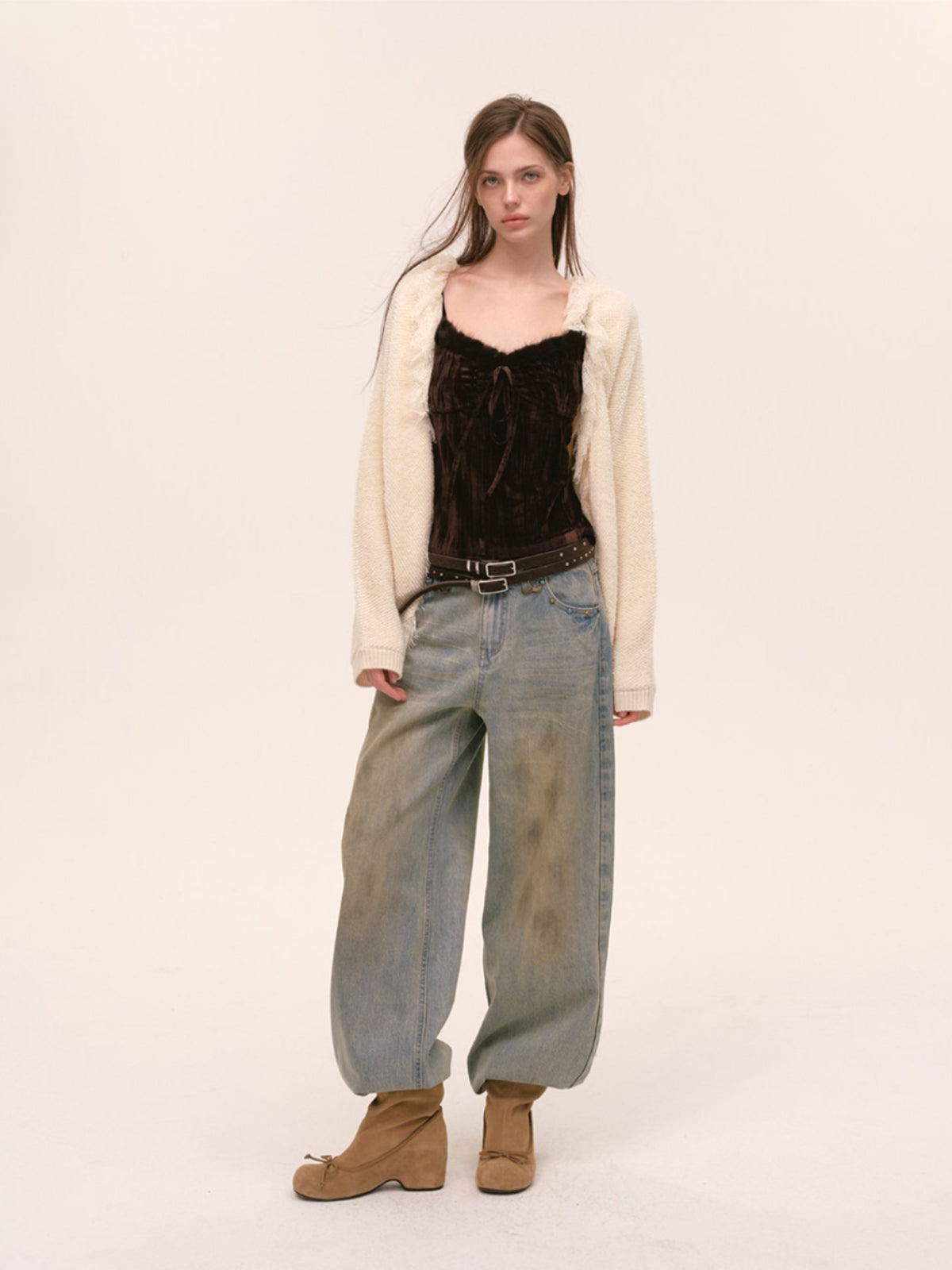 Velvet Fur-Trimmed Tie Front Camisole