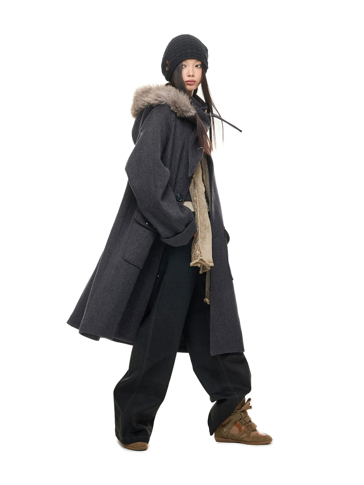 Hooded Wool Blend Long Coat