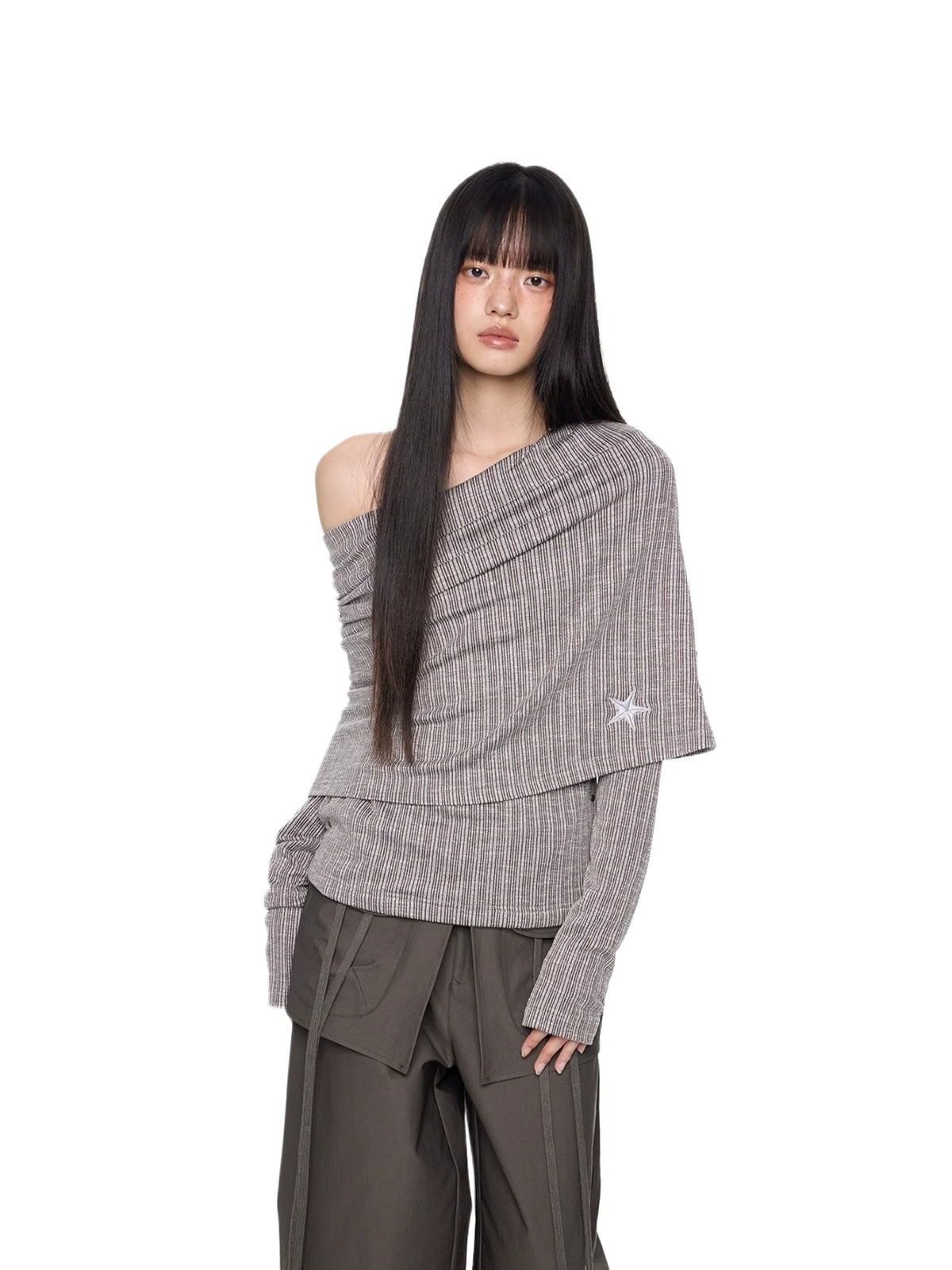 Asymmetric Striped Knit Shoulder Top