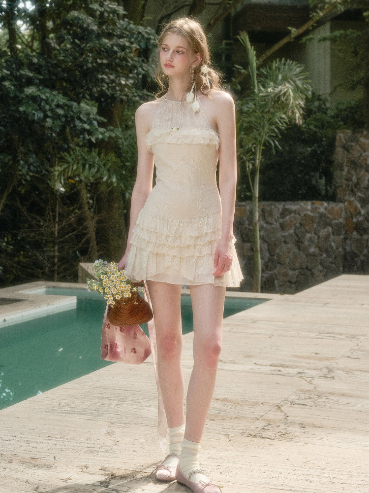 Light White Lace Halter Neck Slip Short Dress