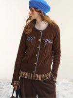 Brown Bow Embroidered Cable Knit Cardigan
