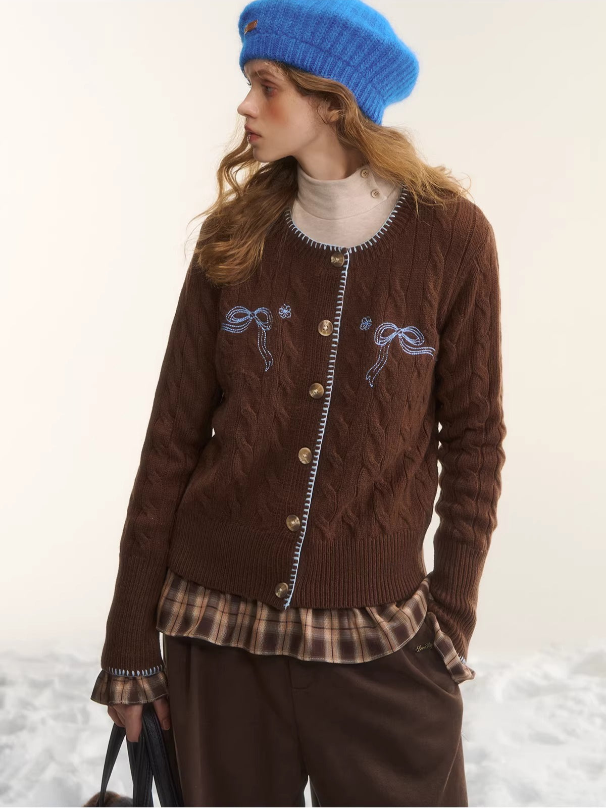 Brown Bow Embroidered Cable Knit Cardigan