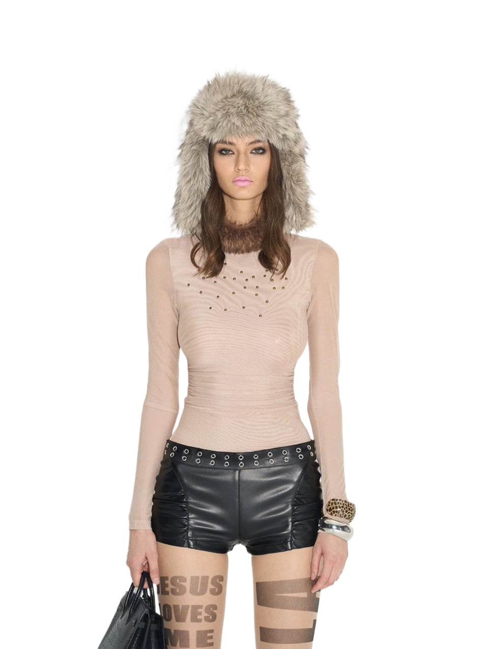 Rhinestone Mesh Turtleneck Top