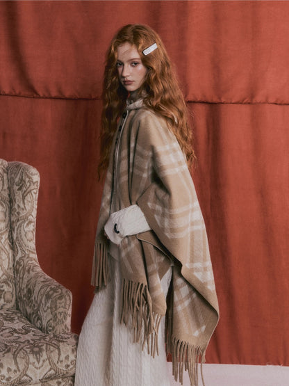 Retro Check Tassel Cape Scarf