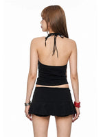 Black Halter Lace Trim Skirt Set