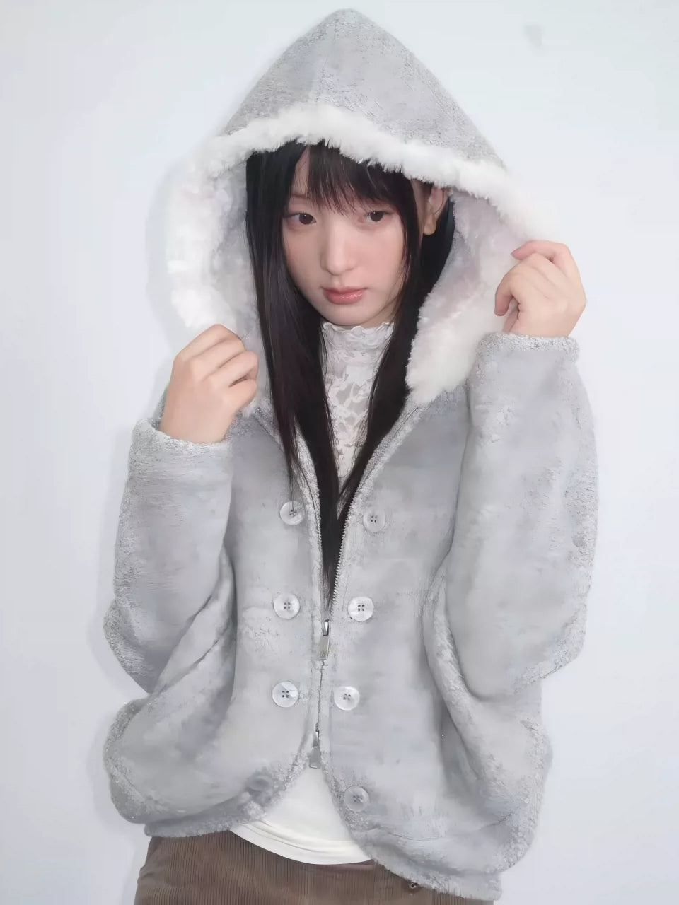 Gray Hooded Wool-Blend Coat