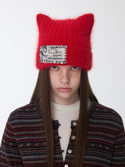 Knitted Cat-Ear Beanie with Hand-Stitched Label