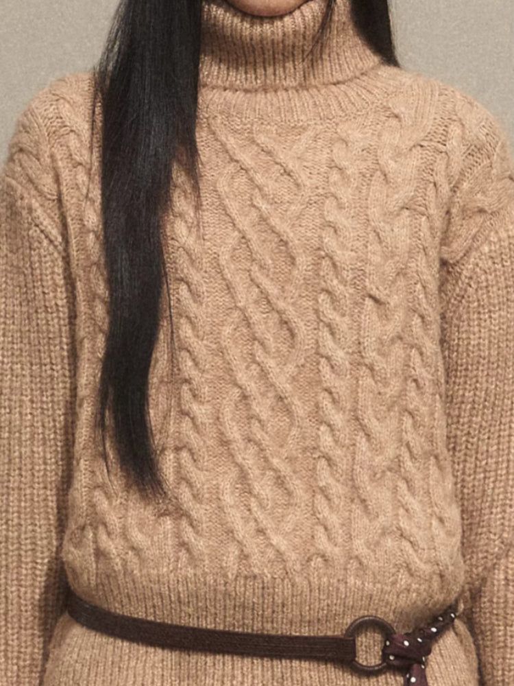 High-Neck Cable Knit Sweater