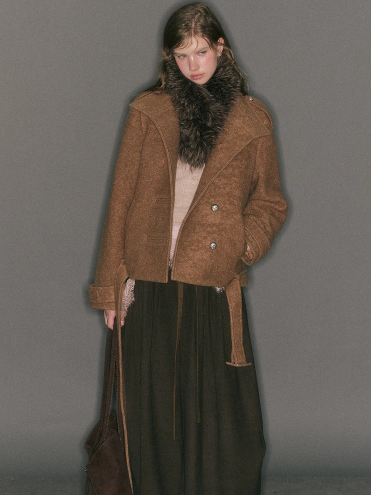 Fur-Collar Belted Wool Bouclé Coat