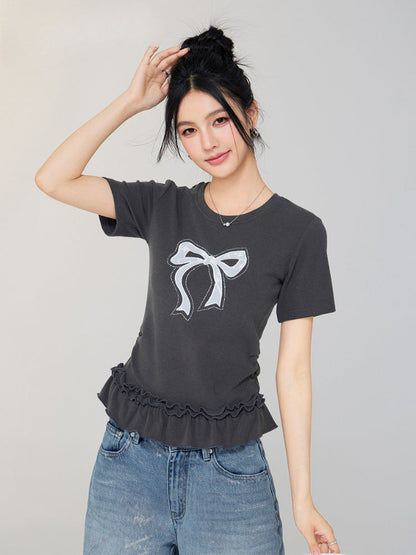 Ballet-style Bow-adorned Short sleeve Top