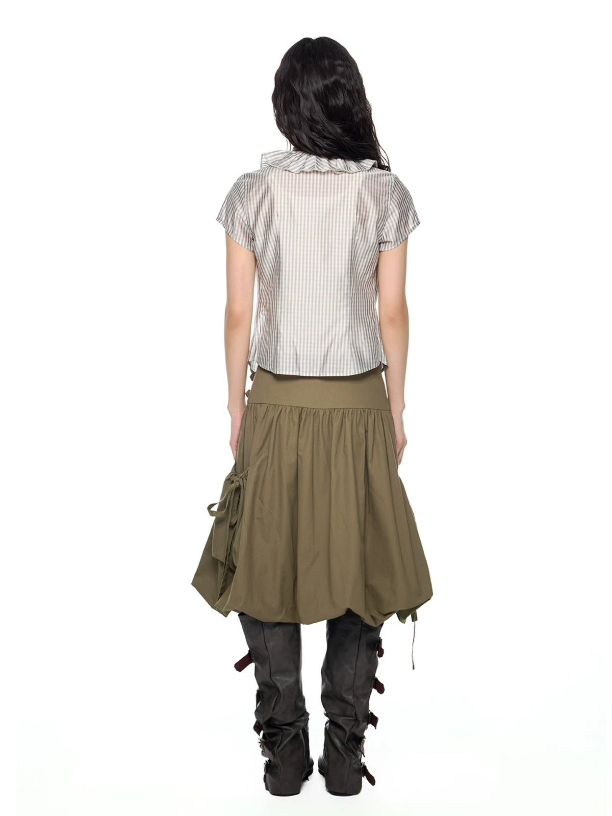 Plaid Ruffle V-Neck Shirt