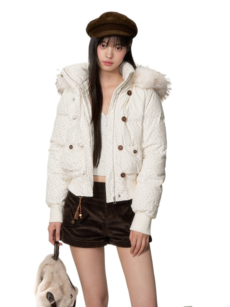 Faux Fur Collar Plaid Down Jacket