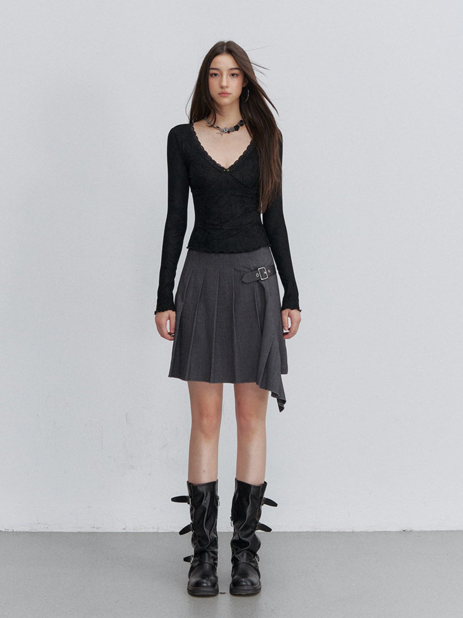 Pleated Buckle Mini Skirt