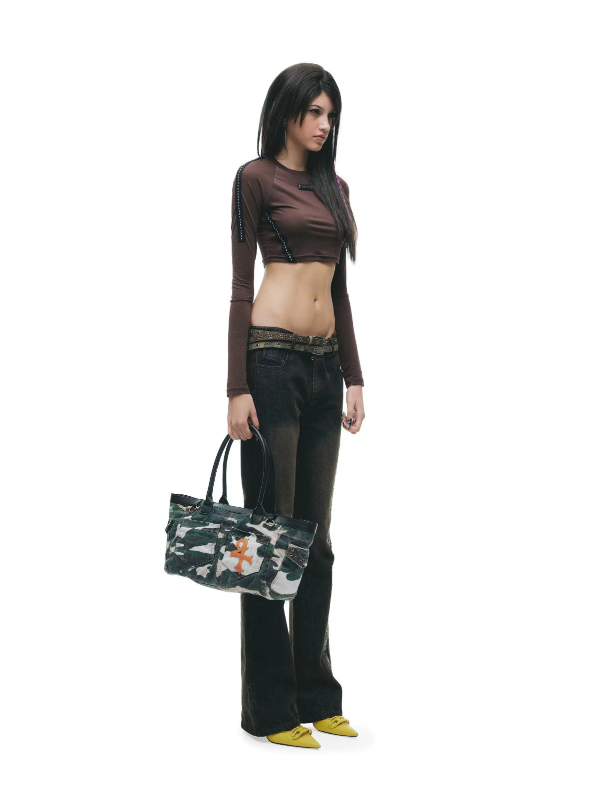 Studded Contrast Stitch Cropped Top