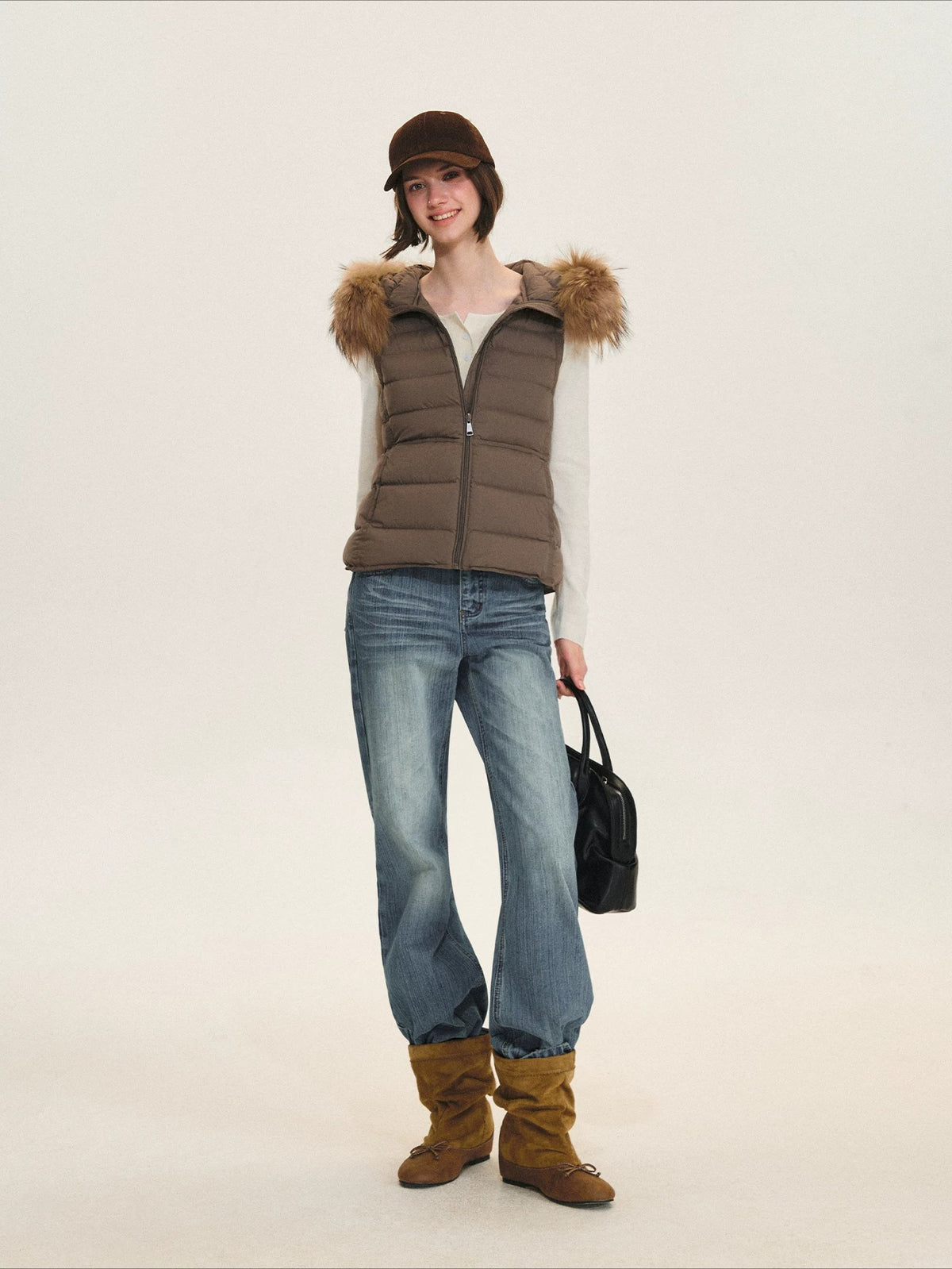 Detachable Fur Collar Waist-Fitted Down Vest