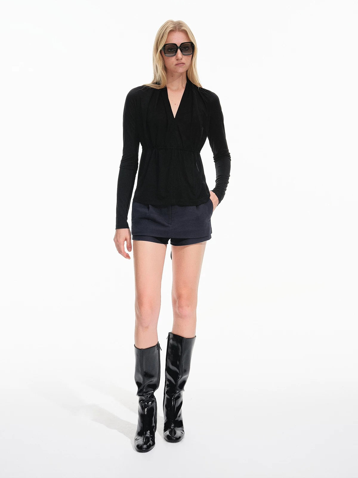 Sheer V-Neck Drawstring Waist Top