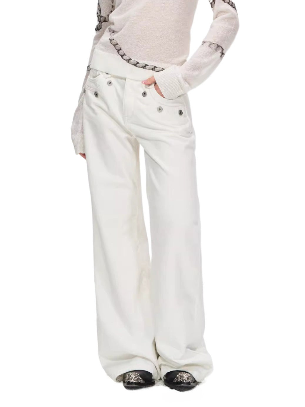 Snow-Washed Straight White Denim Pants