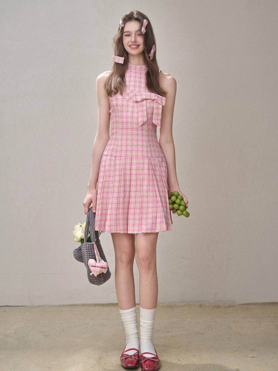 Mint & Strawberry Check Halter Dress