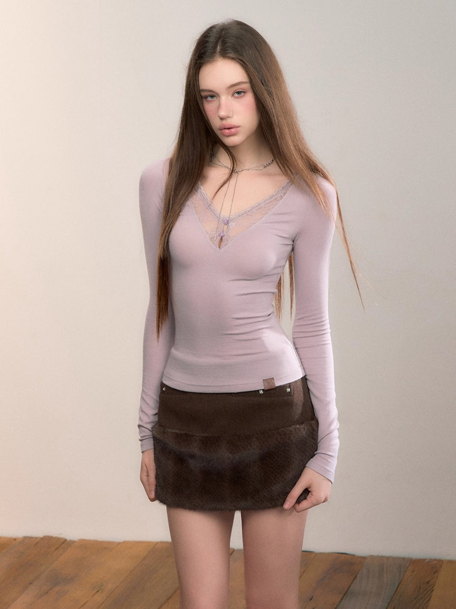 Fur-Panel Studded Mini Skirt