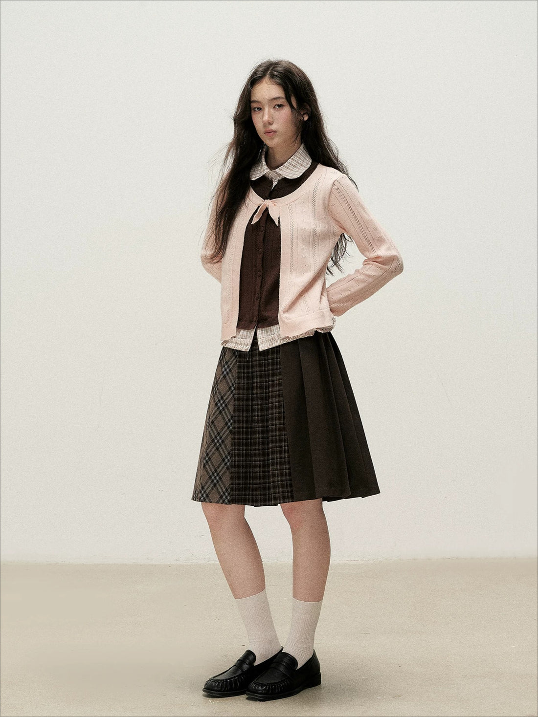 Plaid Collar Layered Knit Top