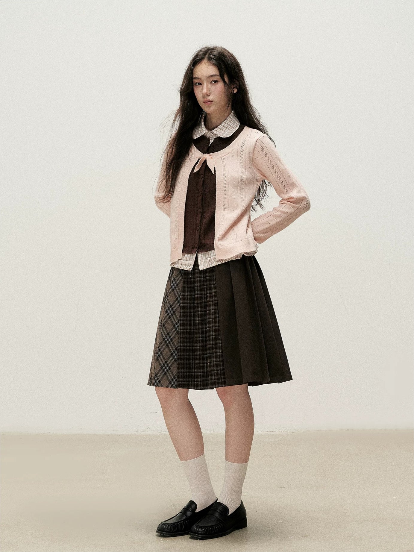 Plaid Collar Layered Knit Top