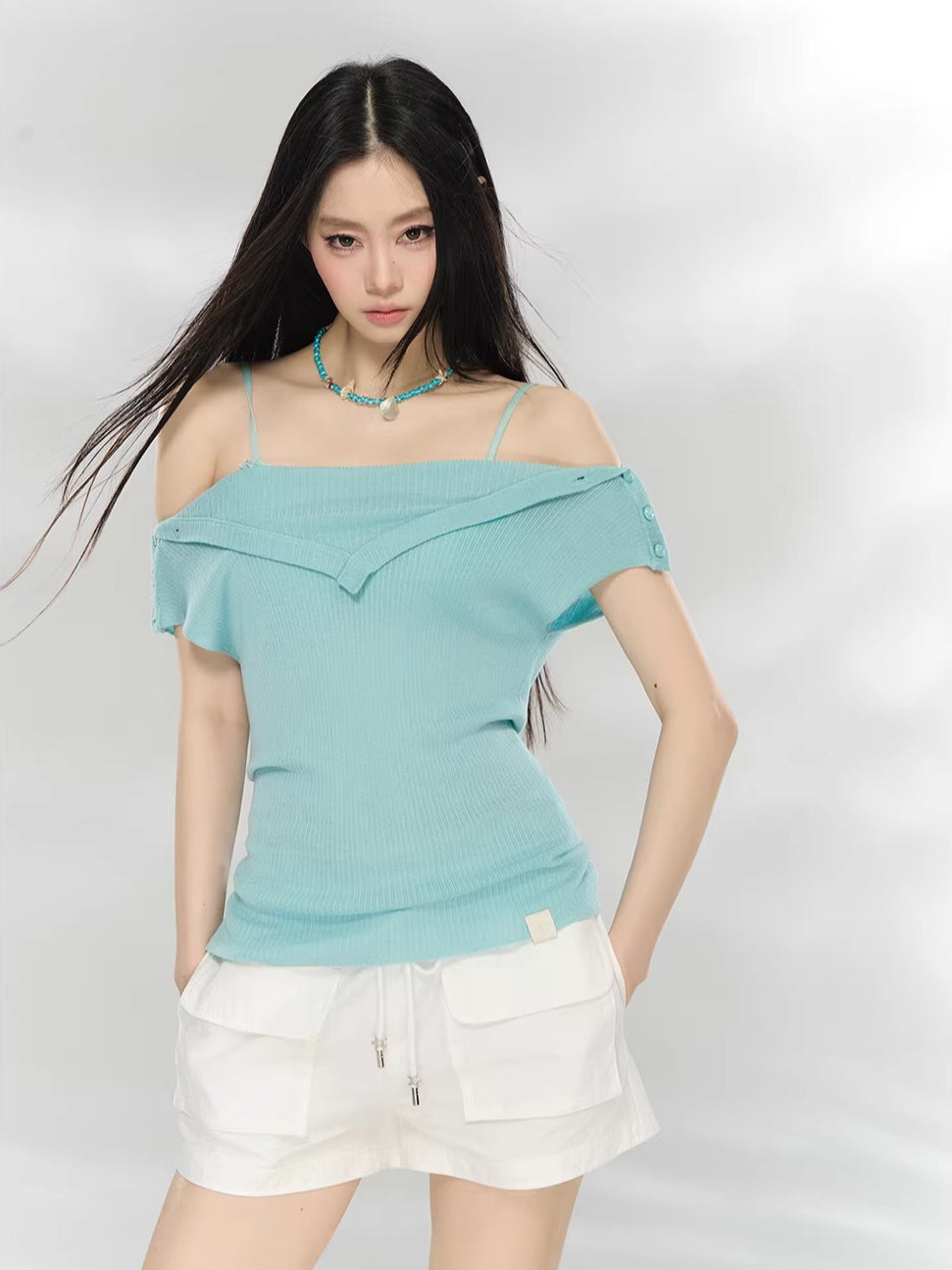 Layered Collar Off-Shoulder Knit Top