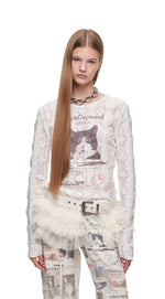 Cat Print Asymmetric Lace Set
