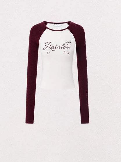 Color-blocked Sleeve Embroidered Top