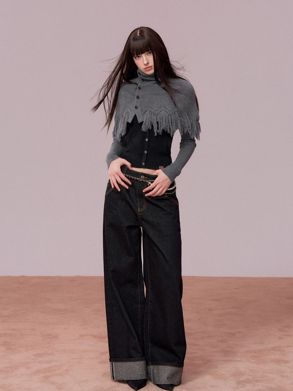 Color-Block High Neck Knit Top &amp; Fringe Cape Set