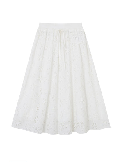 Hollow-out Flower Tie-up Short-Sleeve Top &amp; Skirt Set