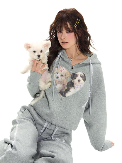 Gray Spliced Dog-Print Hoodie &amp; Sweatpants Set