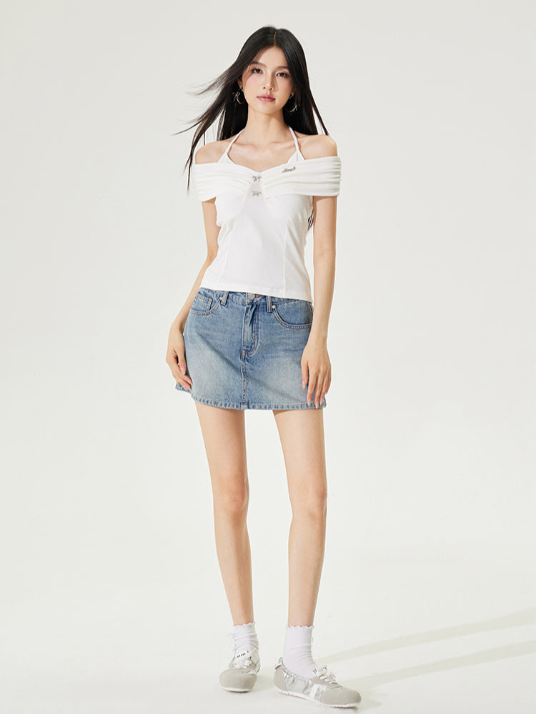 One-shoulder Tie-neck Top