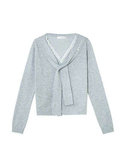 Lace-Trim Tie Knit Blouse