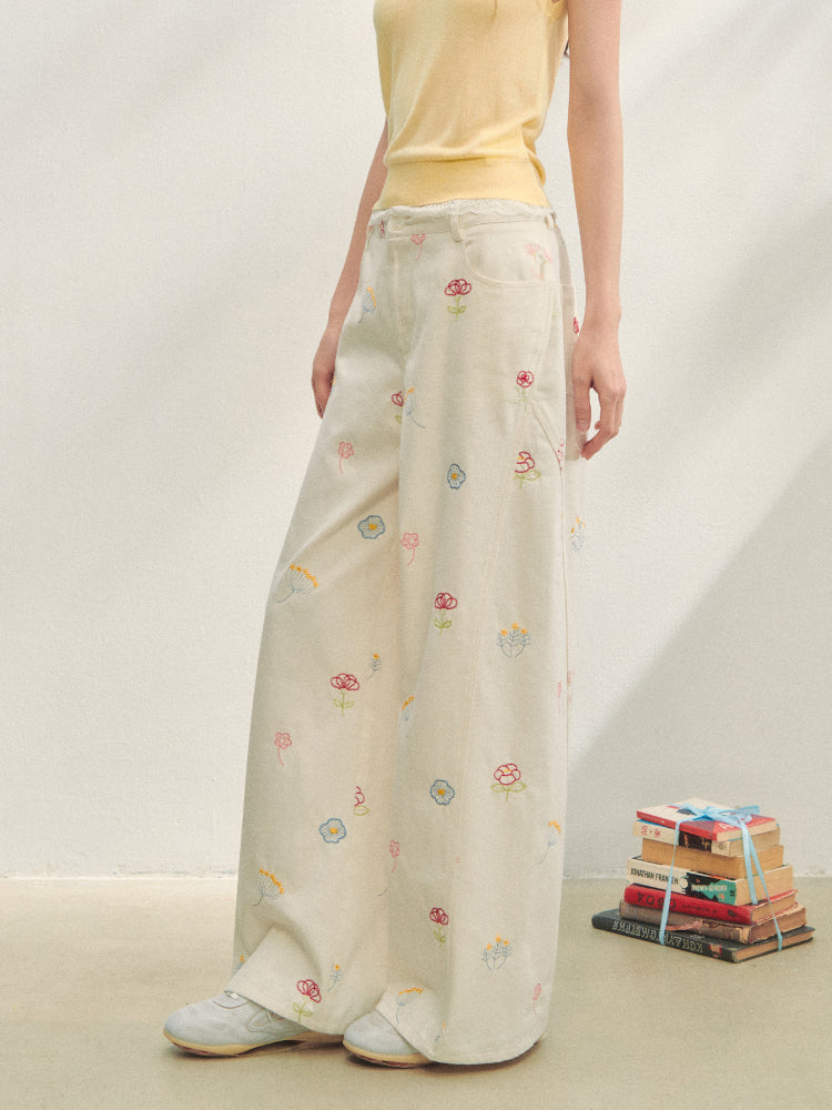 Floral Embroidered Casual Straight-leg Pants
