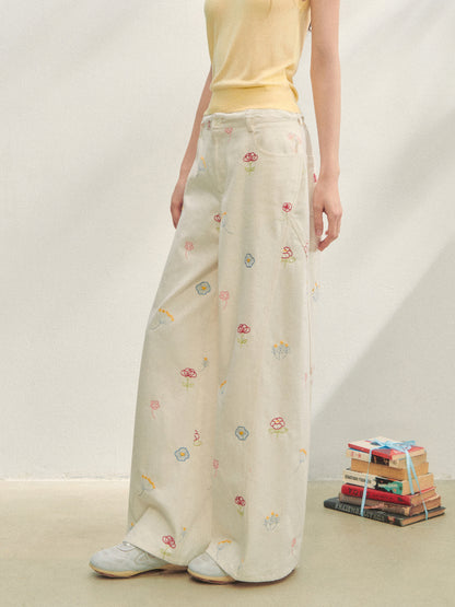 Floral Embroidered Casual Straight-leg Pants
