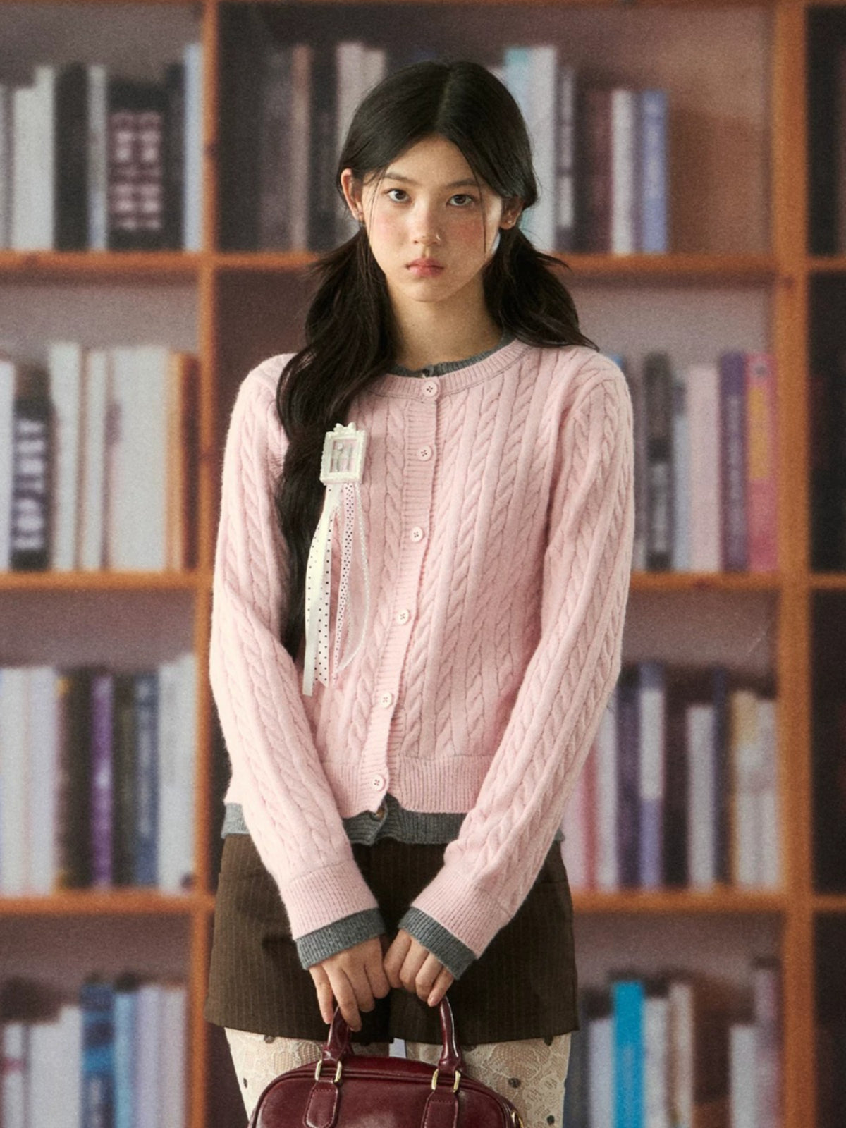 Soft Cable Knit Contrast Cardigan Sweater