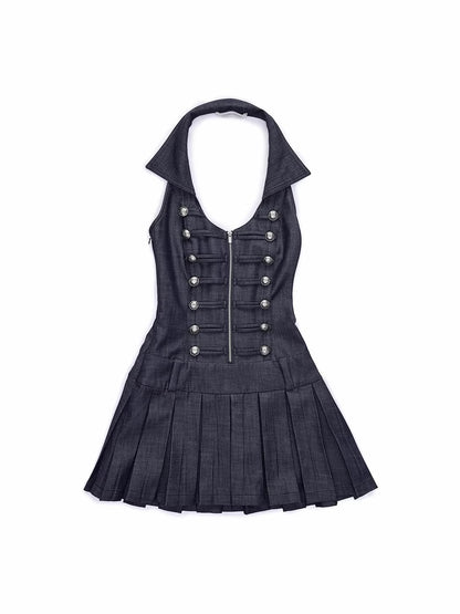 Open Back U-neck Pleated Dress