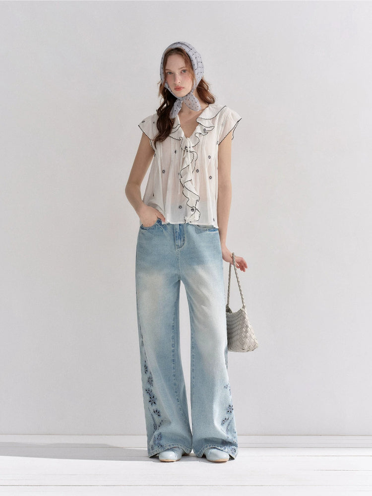 Lace Trim Ruffle V-Neck Blouse