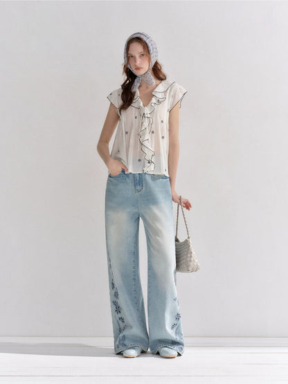 Lace Trim Ruffle V-Neck Blouse