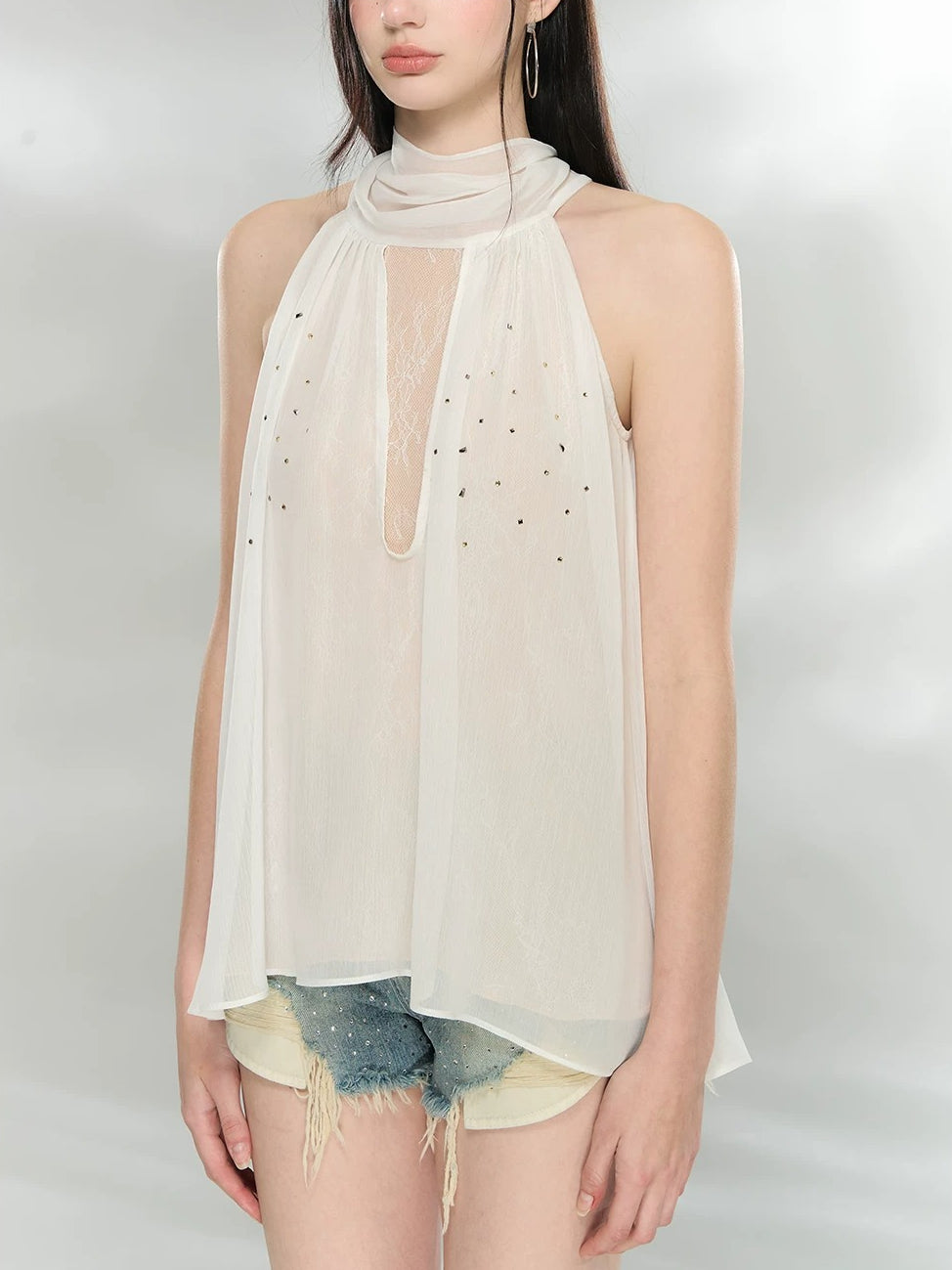 Sheer Rhinestone Chiffon Top