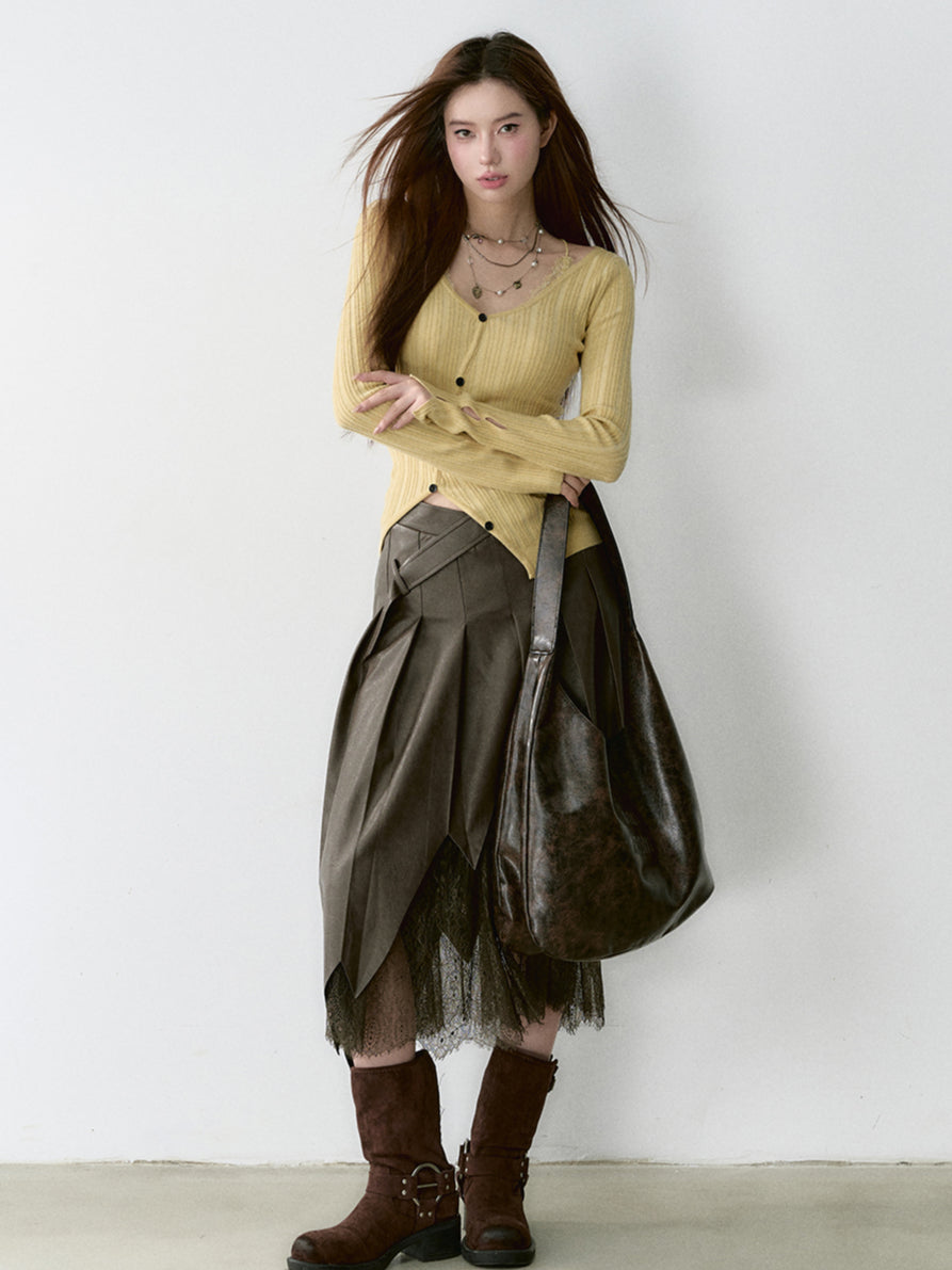 Coffee &amp; Black Lace-paneled PU Leather Skirt