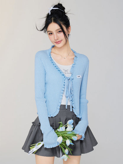 V - neck Ruffled Tie - front Knit Cardigan