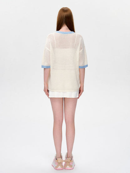 Hollow Color-Blocked Logo Round Neck T-shirt