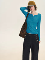 Ribbed Henley Long Sleeve Top