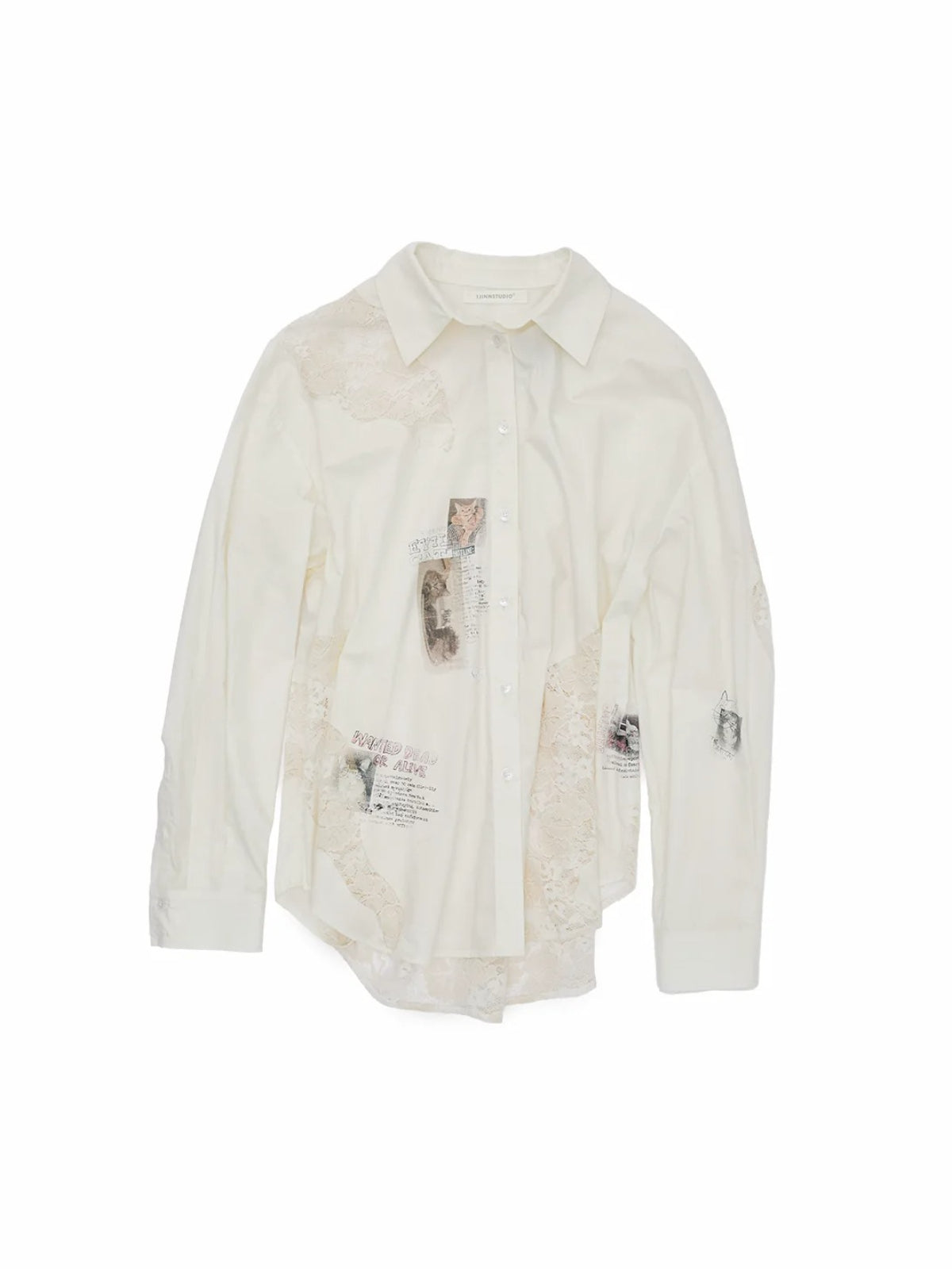 Cat Print Lace Panel Shirt
