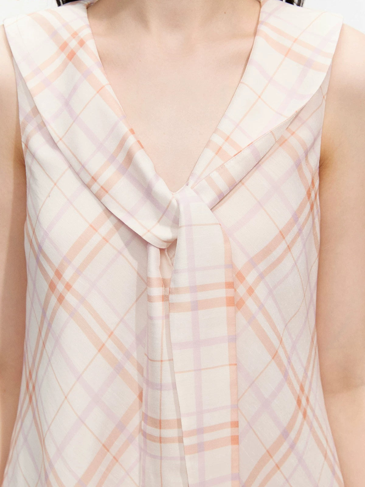 Pink Plaid Sleeveless Tie Neck Dress